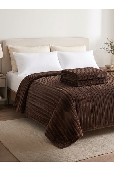 Destan Home Stripe Fluffy Double Blanket 220x240 cm - Brown