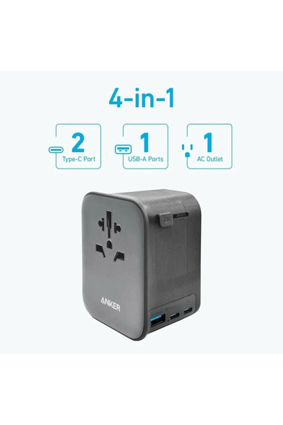 Anker Anker Multi-Port Travel Adapter with 65W Power, Featuring a USB Port and Two Type-C Ports.