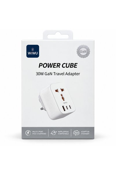 WIWU Power Cube 30W GaN Travel Adapter with USB-A and Dual USB-C, White