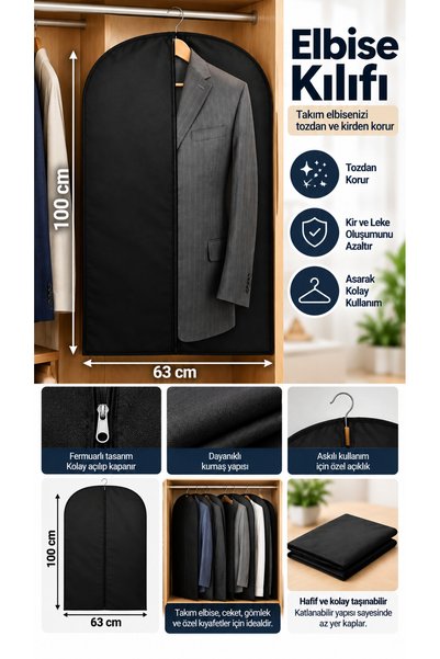 Doori Siyah Fermuarlı Elbise Kılıfı 100x63 cm – Takım Elbise, Ceket, Gömlek ve Kıyafet Koruma Kılıfı, Toz Koruyucu Askılı Elbise Saklama Torbası