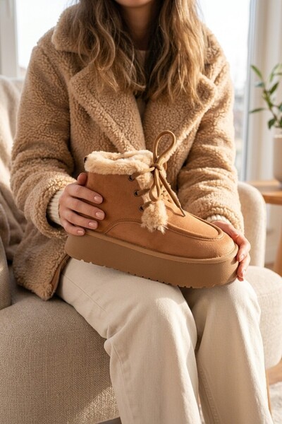 Zerenyus ZRT04MK08 Premium Taupe Suede 5 cm thick sole Winter Lace-Up Boot wi...