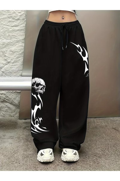 Toum Pantaloni de trening unisex, largi, oversize, cu imprimeu gotic grunge