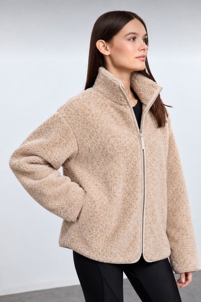 RESSHO Kadın Peluş Oversize Kalıp Fermuarlı Kalın Örme Hırka/Sweatshirt/Ceket