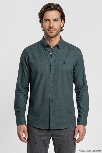 U.S. Polo Assn. قميص رجالي أساسي رمادي اللون بأكمام طويلة، موديل 50332397-VR076.
