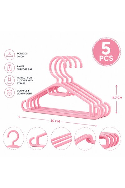 VARENTIS Set de 5 umerașe din plastic pentru copii, roz, 30 cm, cu bară pentr...