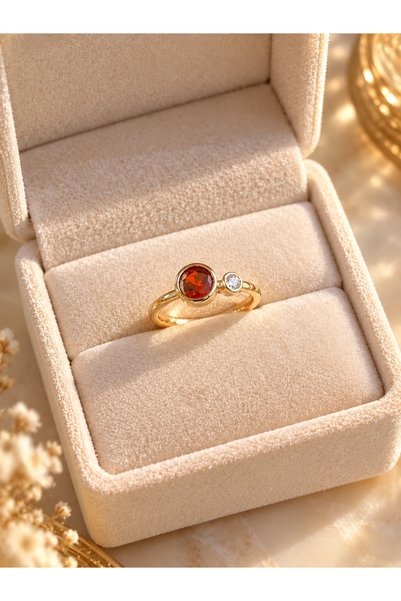 Lilith Takı Gold-Colored Women's Ring with Red Stones – Elegant Two-Stone Des...