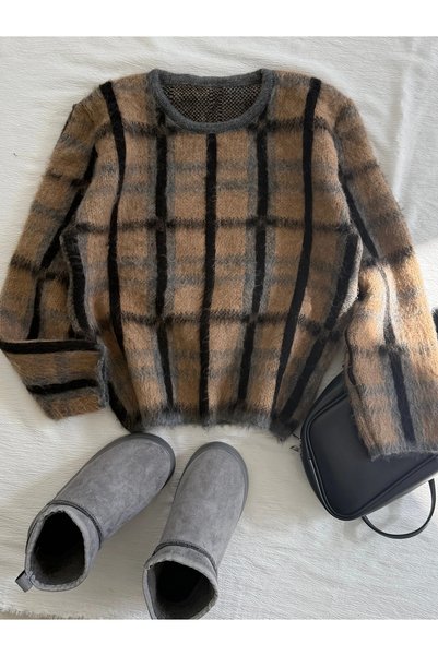 Hepsi Moda Şardon Checked Knit Sweater - 98390 - Coffee
