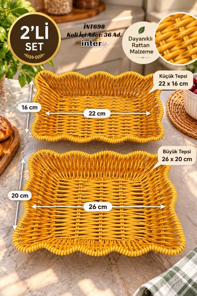 İnterlife Set of 2 Rattan Baskets: Rectangular Knitted Bread Basket and Break...