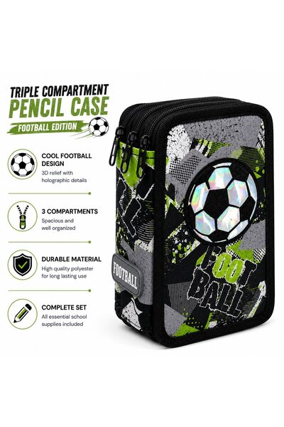 VARENTIS Penar triplu echipat, negru, verde, cu tematică fotbal, 21x6x15 cm, ...