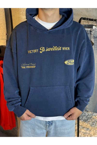 XPUPPETWEAR Navy Blue Wash Gold Embroidered Hoodie
