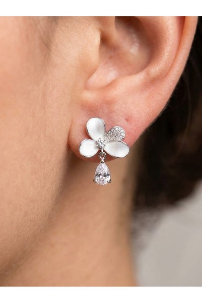 Beatis Silver-Colored Earrings with White Enamel Flowers and Teardrop-Shaped ...