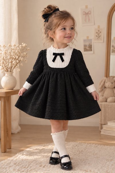 Karaniko Kids Girls' Cotton Black-Collar Chanel Dress with Bow Detail and Hai...