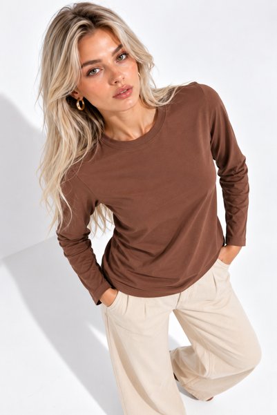 Rich Women's Brown Crew-Neck Long-Sleeve Cotton Bodysuit