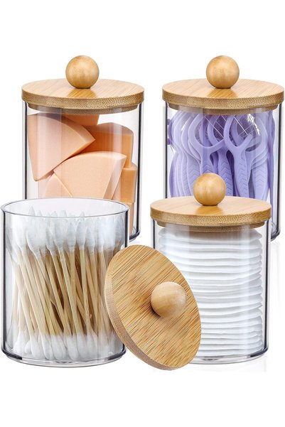 SWIUKPHE 10 Ounce Bamboo Lid Q Tip Holder Dispenser Set for Bathroom, Organiz...