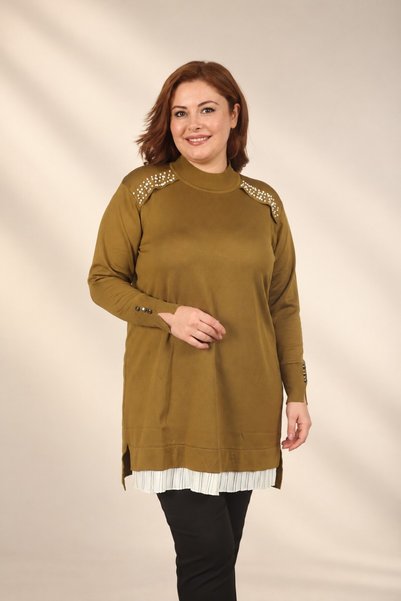 By Saygı Women's Plus-Size Knit Tunic Blouse with Pearl and Stone Embellishme...