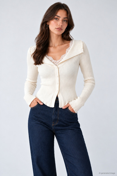 Lupies Women's Lace-Trimmed, Buttoned Viscose Knit Cardigan