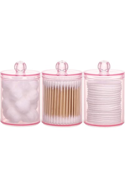 PYEBE 3 Pack Cotton Swab Ball Pad Holder, 10 Oz Qtip Apothecary Jar Pink Make...