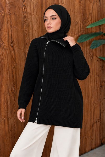 Tesettür Dünyası Side-Zip Closure Knit Sweater TSD260371 Black