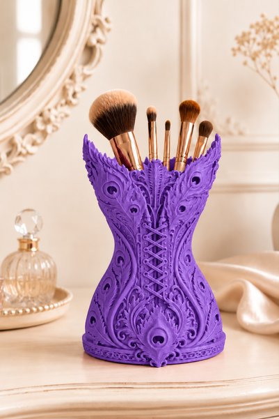 Belupa Feather-Patterned Corset-Style Makeup Brush Holder and Decorative Desk...