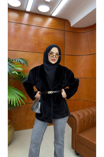 ZARİF KÜRK DOKULU KEMERLİ TASARIMLI MONT