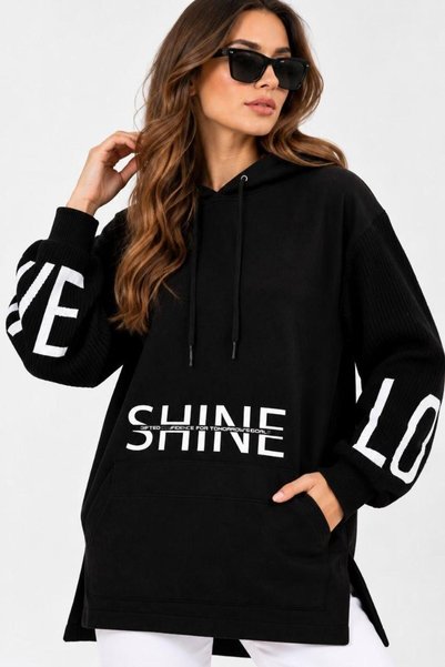 Benedetto New Season Women's Oversized Hooded SHINE-Printed Knit Long Sweatsh...