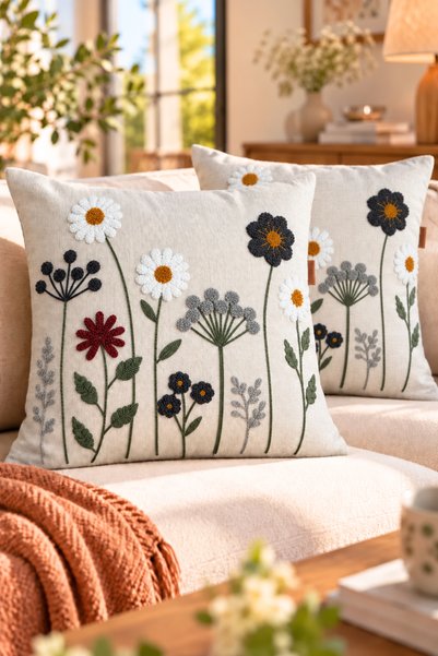 Decomia Home Modern Tufting Punch Nakışlı Keten Karışımlı Kırlent Kılıfı Seti...