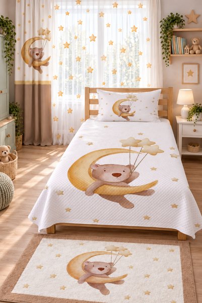 Evmila Moon and Star-Patterned Pique Bedspread Set with a Moon on the Moon - ...