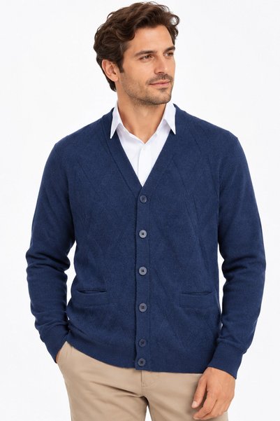Desen Triko Men’s V-Collar Woven-Knit Wool Cardigan with Diamond Pattern and ...