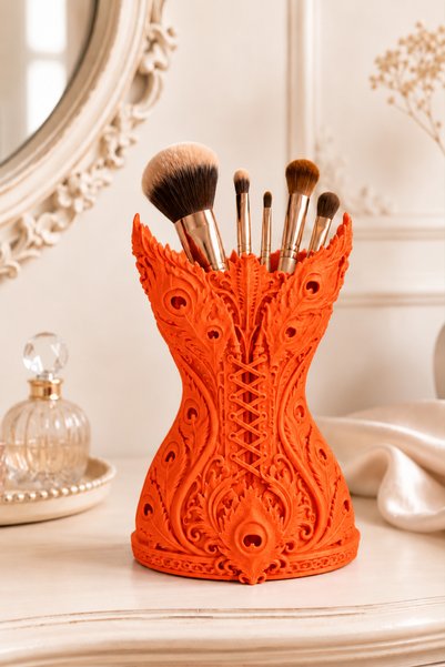 Belupa Feather-Patterned Corset-Style Makeup Brush Holder and Decorative Desk...