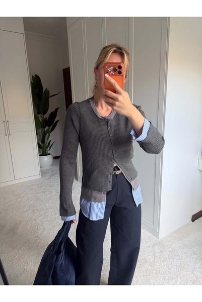 begum mayda Orijinal Model , Antrasit , Poplin Detaylı , Önden Düğmeli Triko