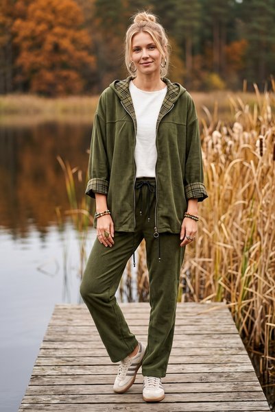 Chiccy Italian Khaki Hooded Long-Sleeve Zippered Pocket with Corduroy Fabric ...