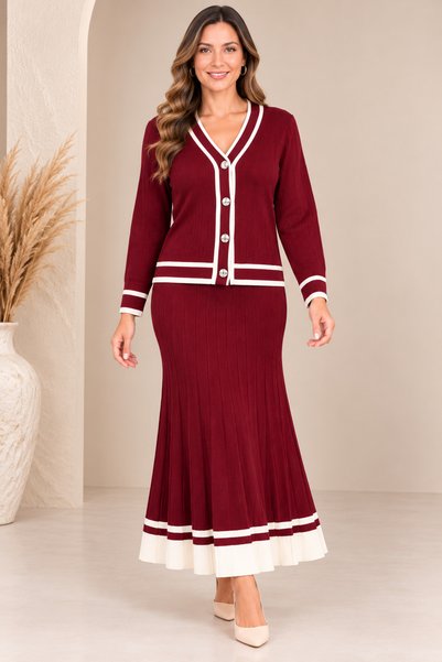 bezeXL Plus size knit striped button-down suit, burgundy.