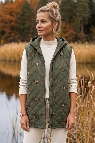Chiccy Italian Khaki Hooded Zipper-Front Vest with Hidden Pockets, Embroidere...
