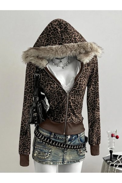 Touz Moda Cardigan cu glugă din blană cu detaliu leopard și fermoar