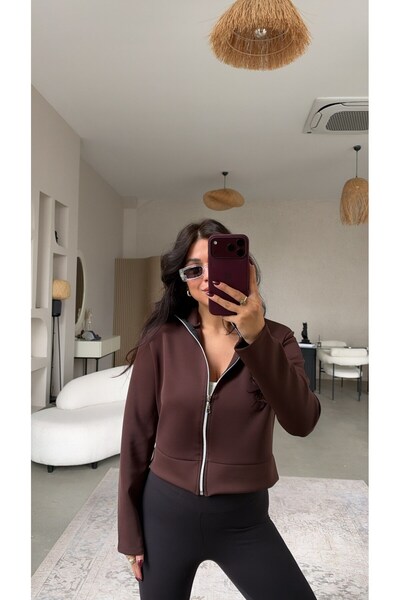Buket Teke Brown Scuba Jacket with a Zipper
