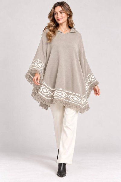 HIRA CO. Women's Brown Hooded Poncho with Ethnic Patterned Design and Tassele...
