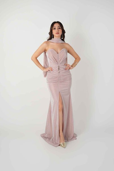 BEYBOS Jakar Fabric Strapless Evening Dress with Shawl Detail - Pudra