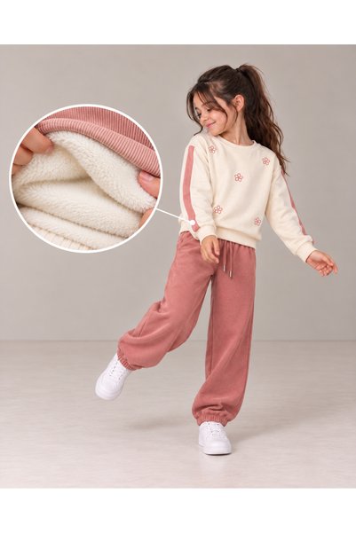 TOP CLOTHE طقم بناتي شتوي قطعتين مبطن بالفرو من الداخل – سويت شيرت برسومات ورود وبنطال رياضي واسع، مناسب للمدرسة والخروجات