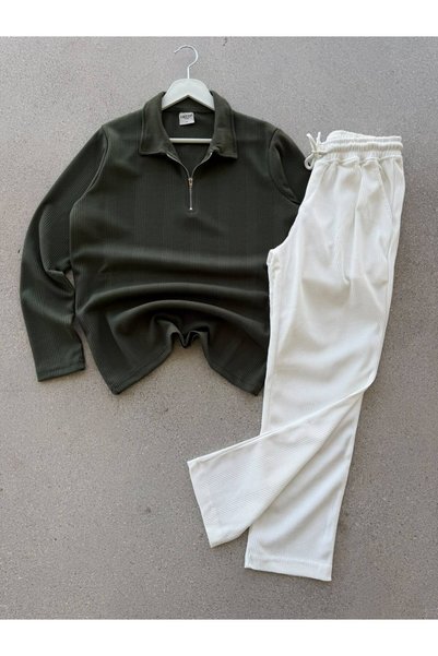 Altamira Men's Winter Khaki and White Sweatpants Set with Half-Zip