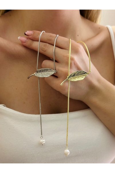 BYYEŞO Leaf and Pearl Detail Steel Necklace - Gold