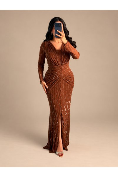 Rose Long Shiny Evening Dress with Slit and Front Opening Detail - Copper/Bro...