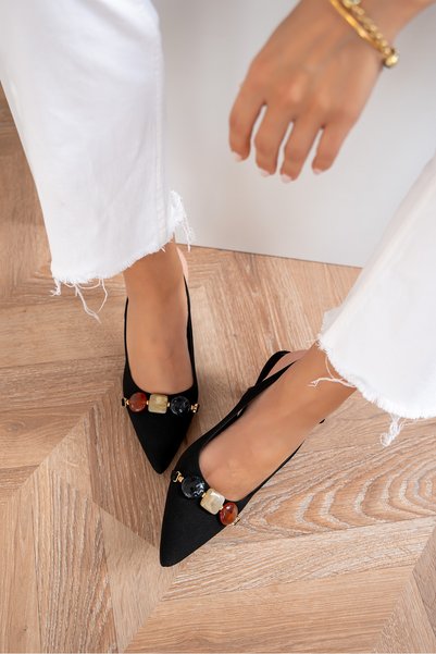 LAMİNTA Ludor Black Suede Women’S Heeled Shoes with Natural Stone Accents.