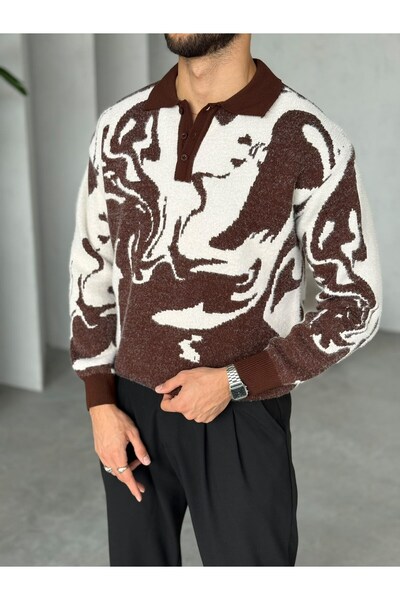 FO4RBS Patterned Polo Collar Sweater, V-Neck, Brown