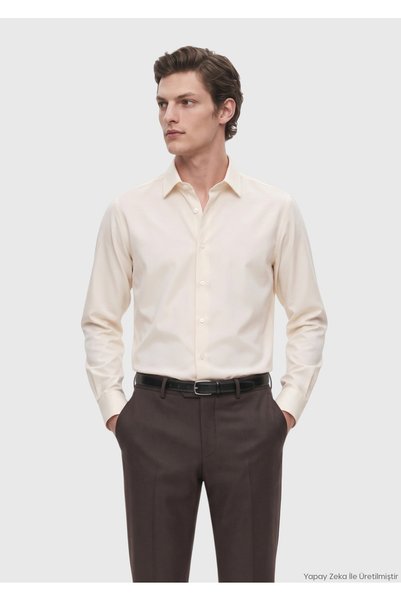 Ramsey Ecru Plain Casual Fit Long Woven Casual Silk Blend Shirt