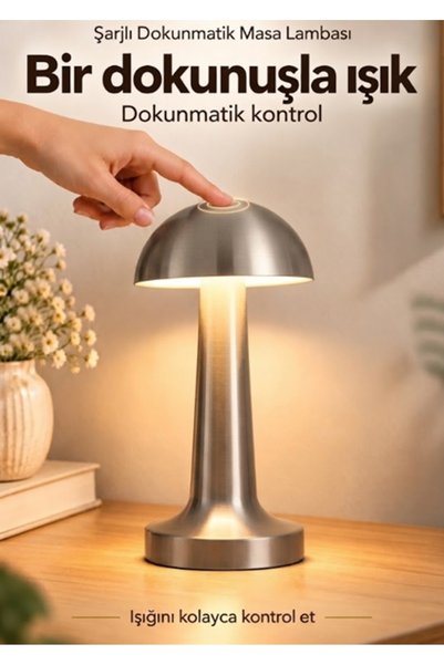 newnet METAL Led 3 renk ışıklı masa üstü Dokunmatik Şarjlı Dekoratif Led Lamb...