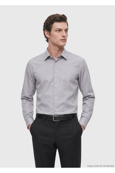 Ramsey Gray Solid Casual Fit Long-Sleeve Woven Casual Silk-Blend Shirt