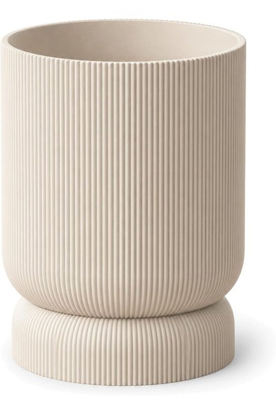 Generic Large Ribbed Planter with Twist-Lock Drip Tray, 13.2 cm Opening, Cream