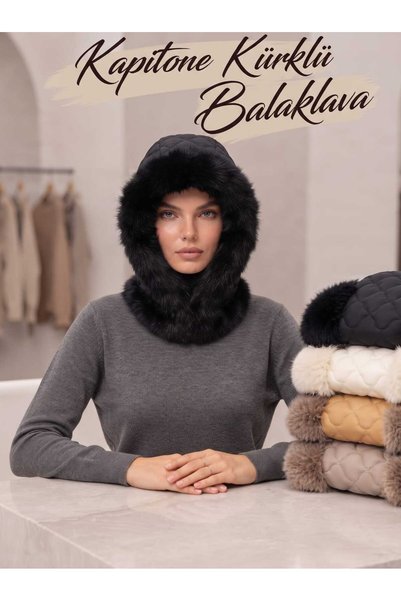 Betülce Quilted, Padded, and Fur-Trimmed Balaclava - Women's Winter Hat and Neck Warmer Set