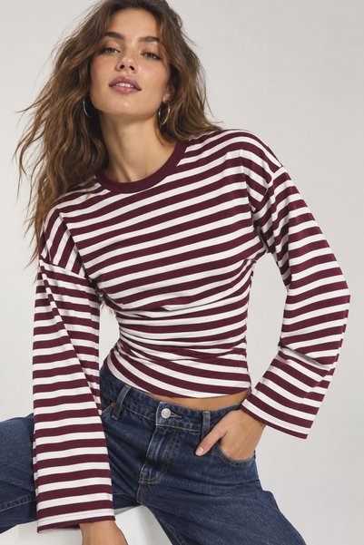 Moda Neval Women's Striped Oversized Long-Sleeved T-Shirt with Waist-Fitted F...