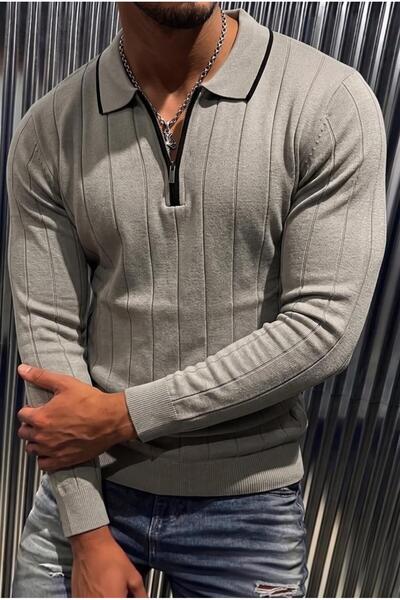 Oksit Seka 331 Men’s Collar-Front Striped Knit Sweater / Polo Collar Slim Fit...